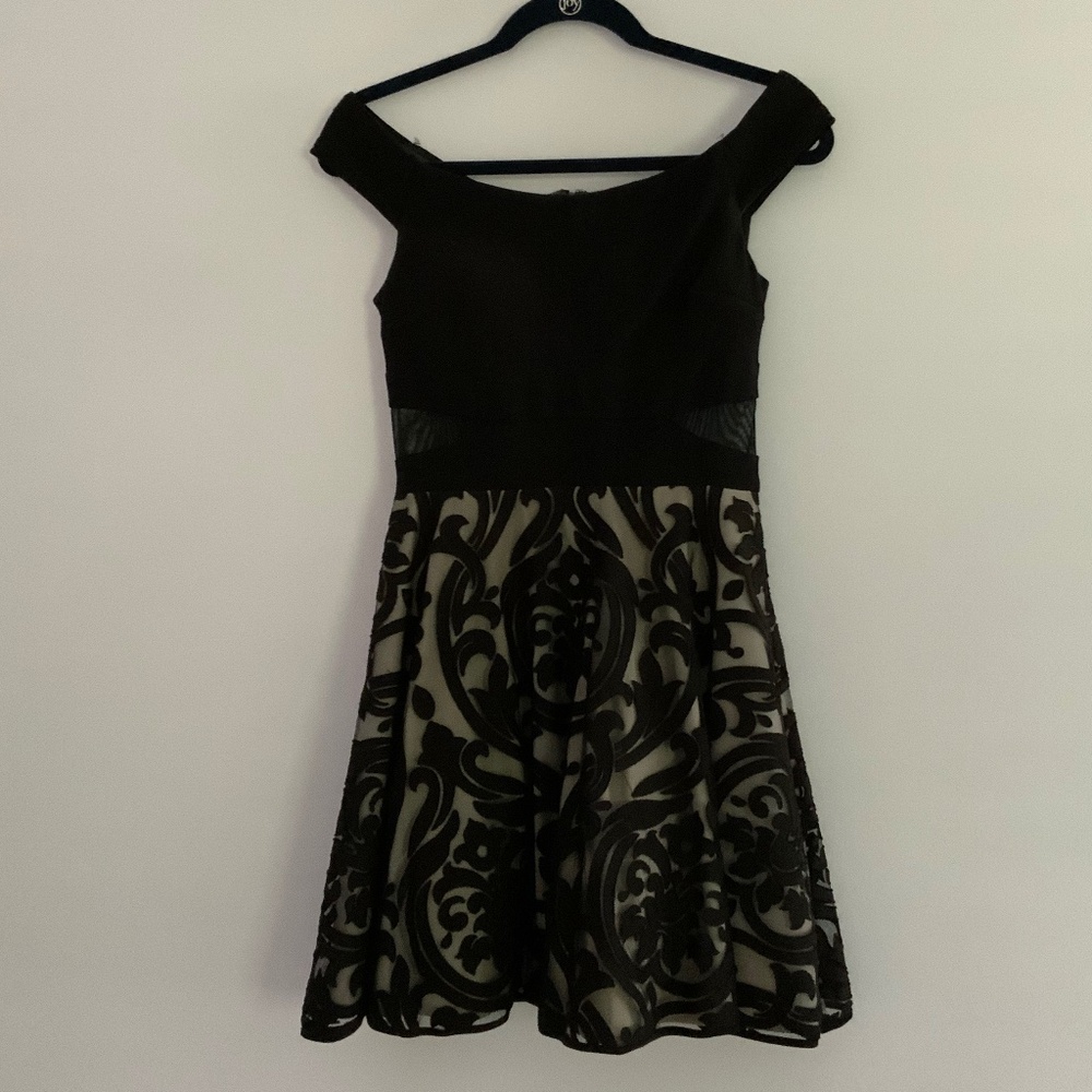 Xscape Off the Shoulde Black Mini Dress w/ Side Mesh Cutouts Size 4 Petite
